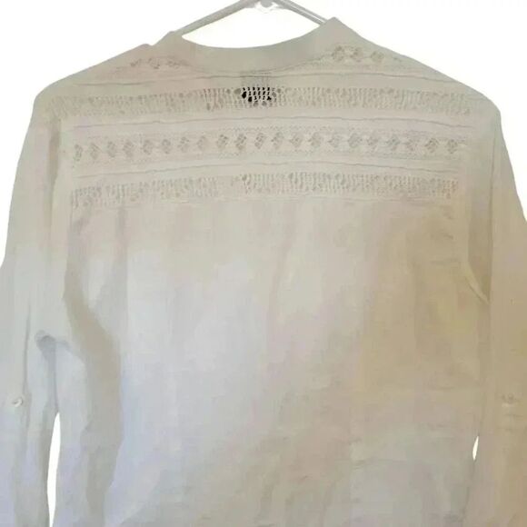 AO Aho Po'I Raity Women's White Cotton Button Down Top w Set In Lace Accents - Picture 9 of 13